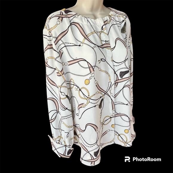 Ann Taylor Tassel Print Shirred Neck Button Front Blouse Womens XL Cream Black - Picture 4 of 10